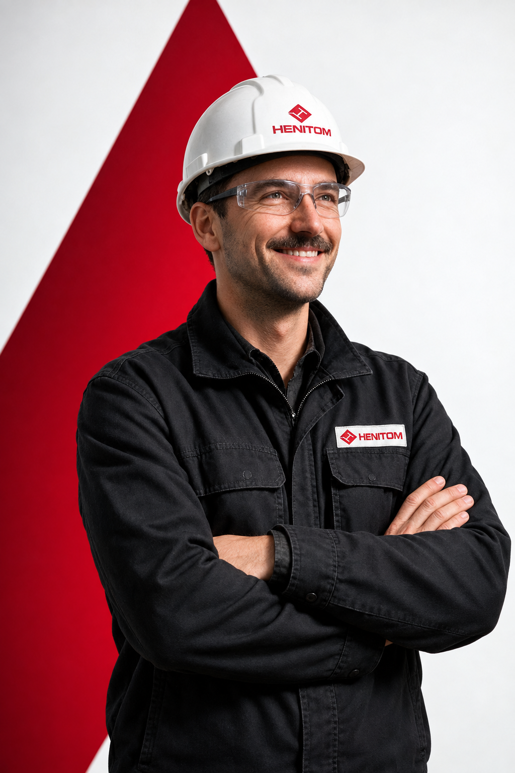Ilustracyjny portret technika w kasku i kurtce z oznakowaniem HENITOM